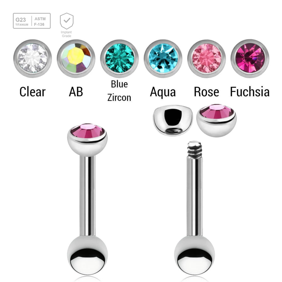 Pack of 10 Titanium tragus barbells, Thickness 1.2mm, with a top 3mm half ball with a bezel set crystal and a lower 3mm plain ball - G23 ASTM F-136 implant grade titanium body jewelry
