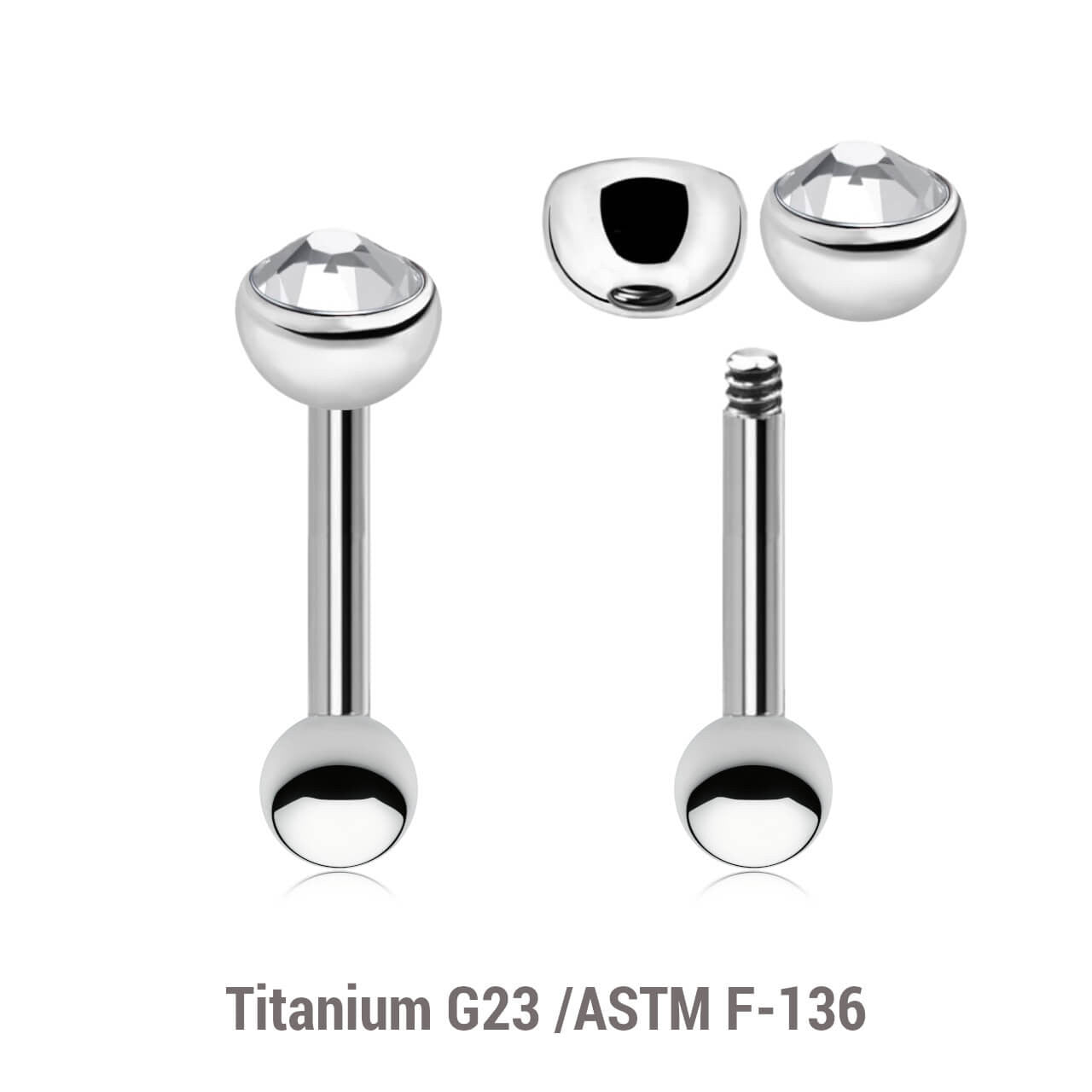 Pack of 10 Titanium tragus barbells, Thickness 1.2mm, with a top 4mm half ball with a bezel set crystal and a lower 3mm plain ball