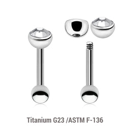 Pack of 10 Titanium tragus barbells, Thickness 1.2mm, with a top 4mm half ball with a bezel set crystal and a lower 3mm plain ball