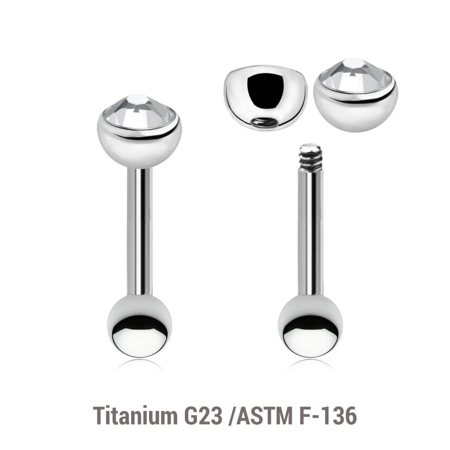 Pack of 10 Titanium tragus barbells, Thickness 1.2mm, with a top 4mm half ball with a bezel set crystal and a lower 3mm plain ball