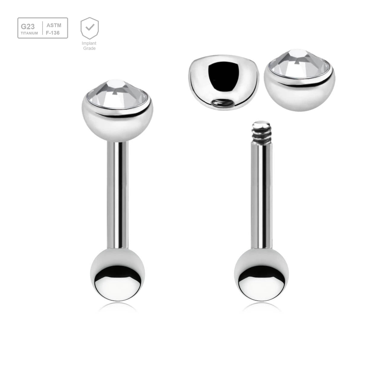 Pack of 10 Titanium tragus barbells, Thickness 1.2mm, with a top 4mm half ball with a bezel set crystal and a lower 3mm plain ball - G23 ASTM F-136 implant grade titanium body jewelry