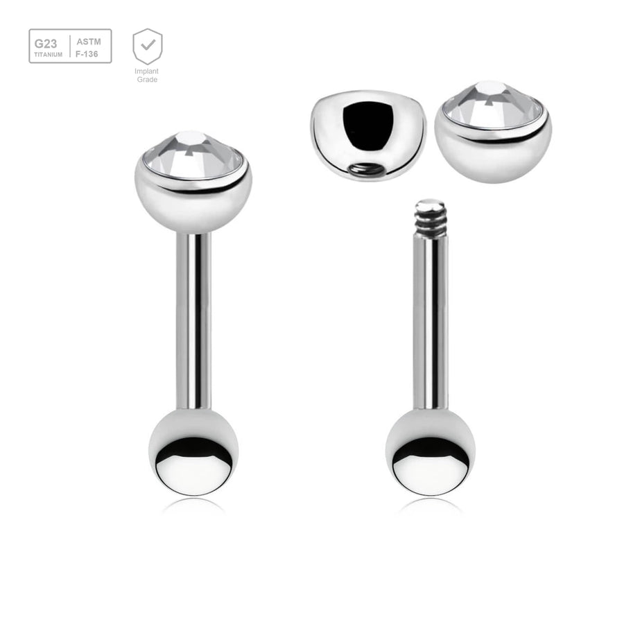 Pack of 10 Titanium tragus barbells, Thickness 1.2mm, with a top 4mm half ball with a bezel set crystal and a lower 3mm plain ball - G23 ASTM F-136 implant grade titanium body jewelry