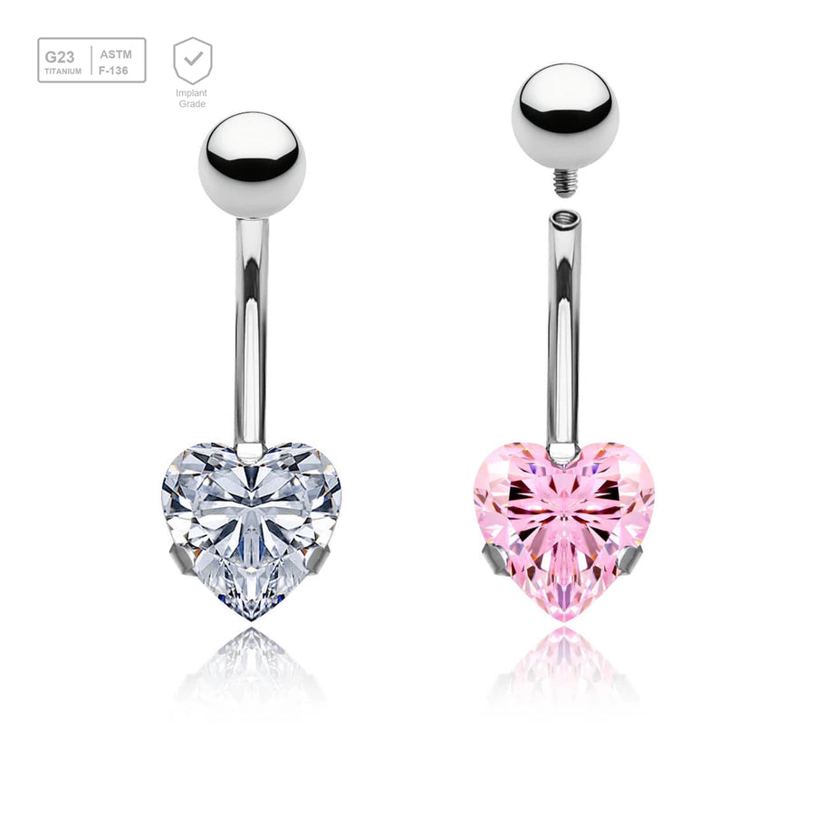 Wholesale pack of 3 high polished titanium internally threaded belly bananas, Thickness 1.6mm, with a lower 8 mm prong set heart CZ stone and a plain 5mm titanium upper ball - G23 ASTM F-136 implant grade titanium body jewelry
